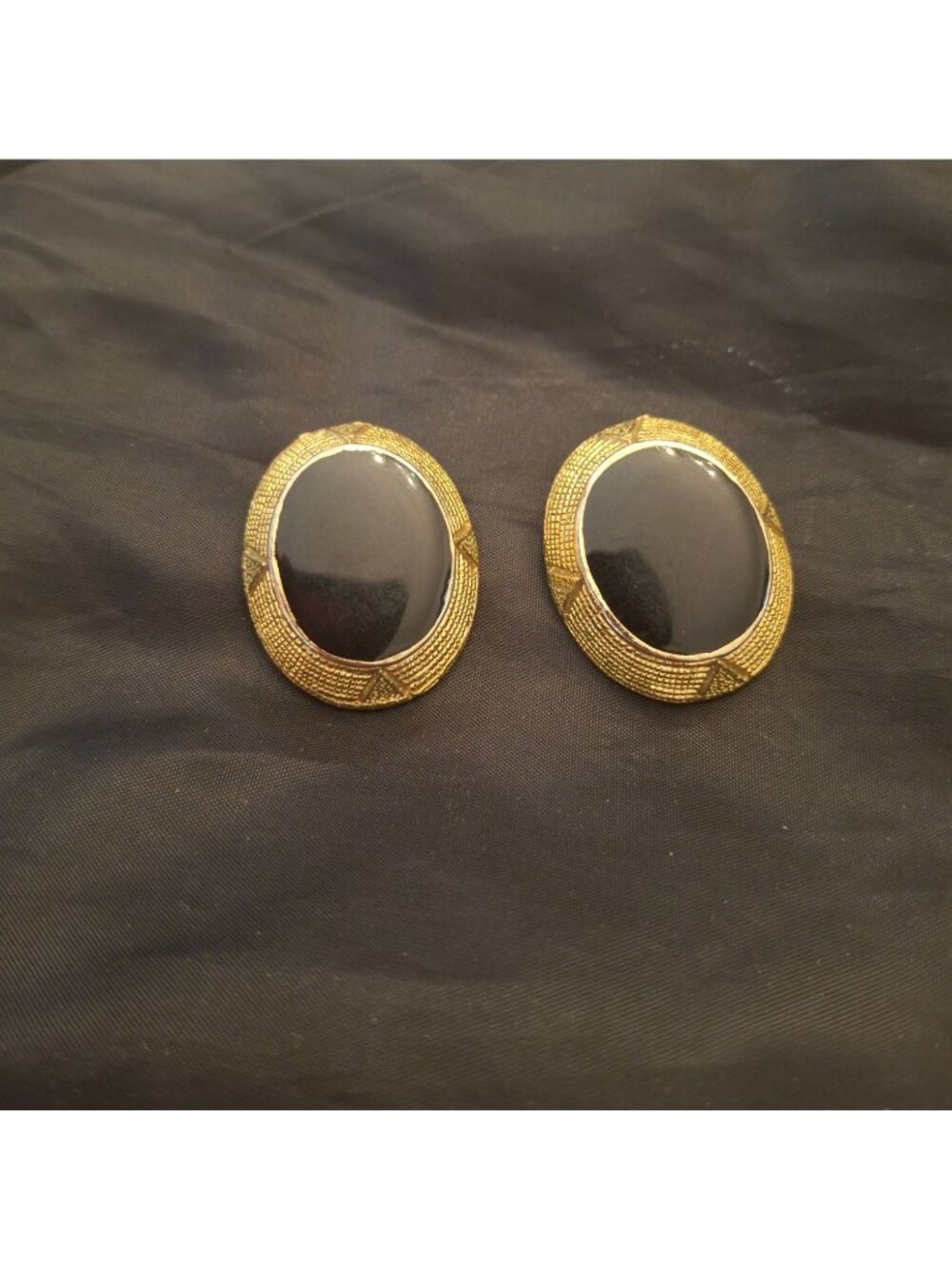 Vintage Black Cabochon Earrings Gold Tone Oval Statement Pierced Retro 80s MCM